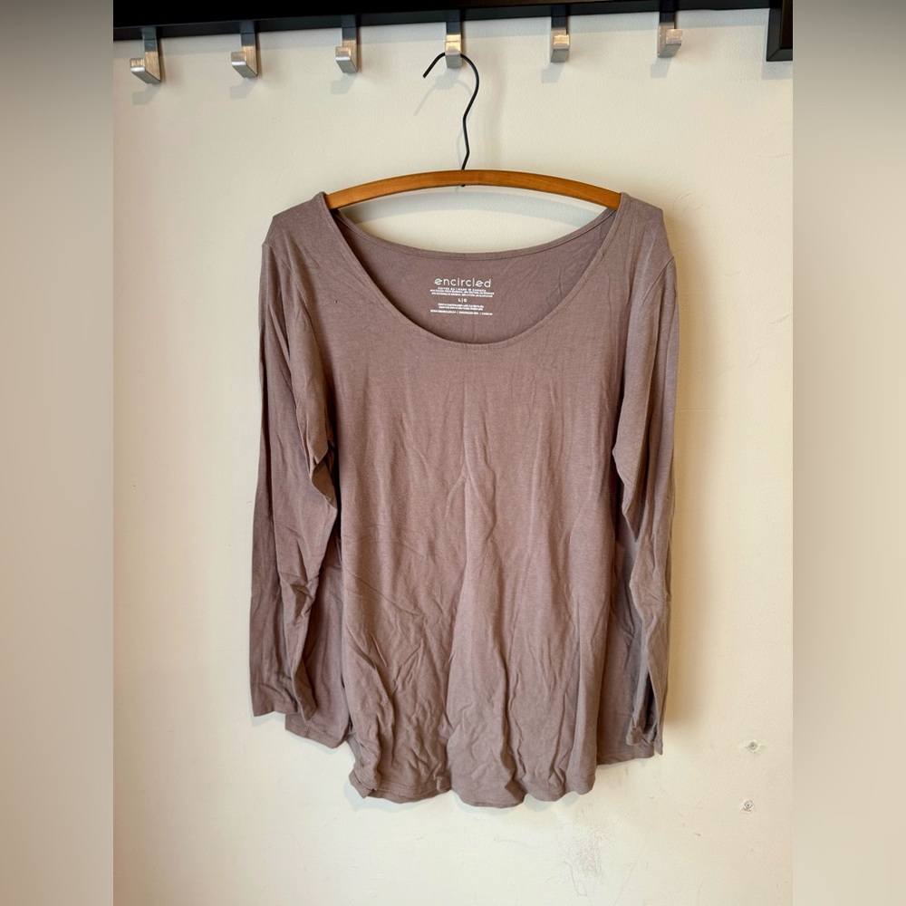 Encircled Taupe Tan Long Sleeve Scoop Neck Shirt in L